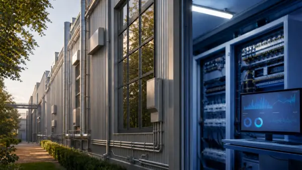 Industriegebäude mit Stahl-Glas-Fassade und Technikraum mit Energiedatenanzeige als Sinnbild für Retrofit im Bestand | © KI-generierte Darstellung