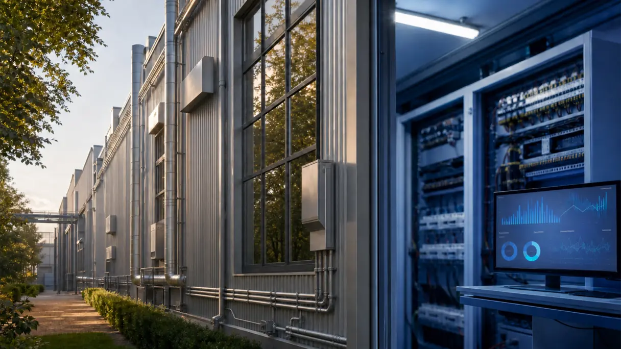 Industriegebäude mit Stahl-Glas-Fassade und Technikraum mit Energiedatenanzeige als Sinnbild für Retrofit im Bestand